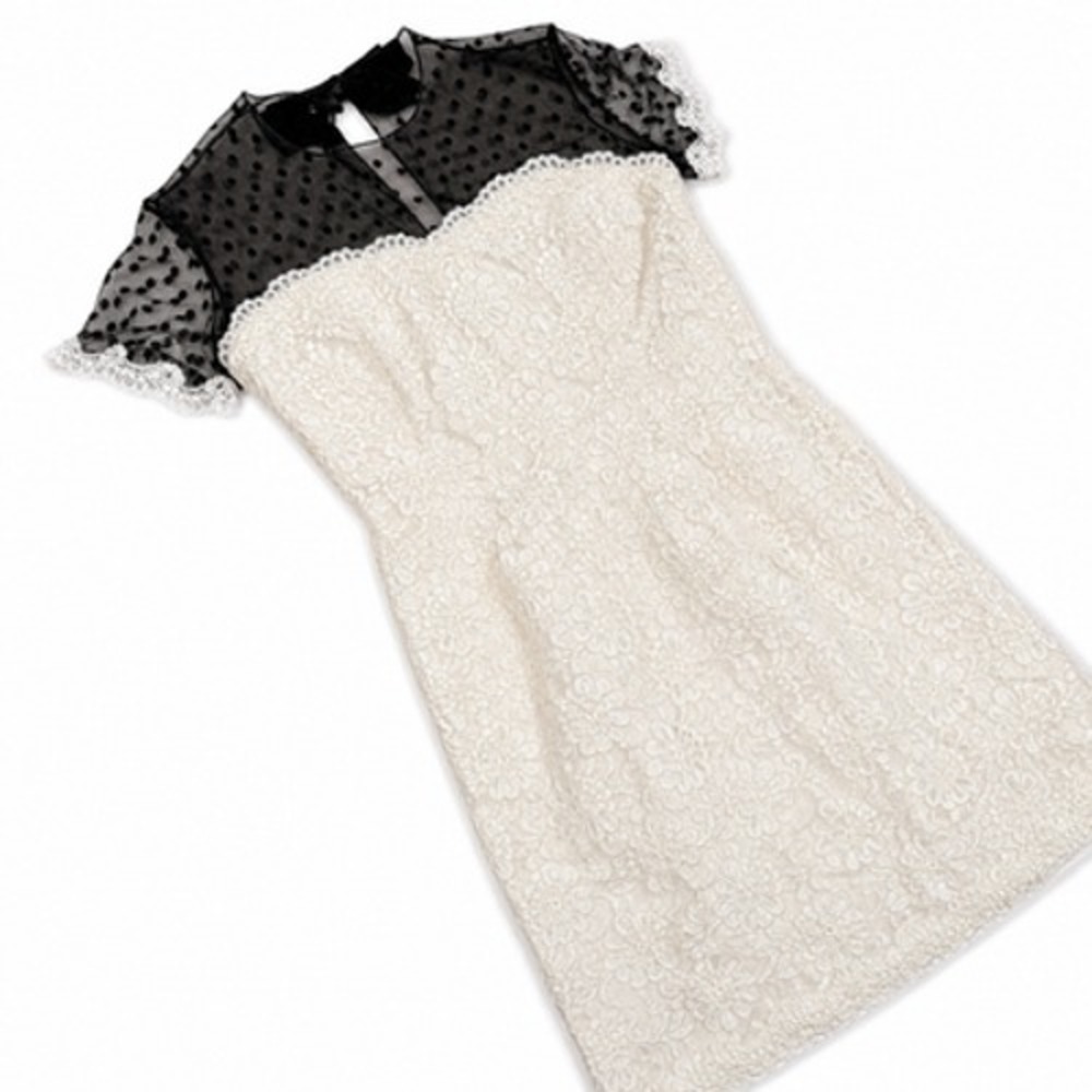 Bill Blass Evening Dress Womens 14 White Lace Sheath Mesh Polka Dot Bow